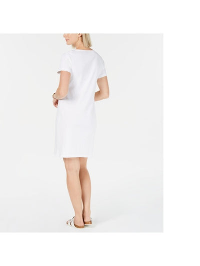 KAREN SCOTT Womens White Short Sleeve Split Above The Knee Wear To Work Shift Dress Petites PP