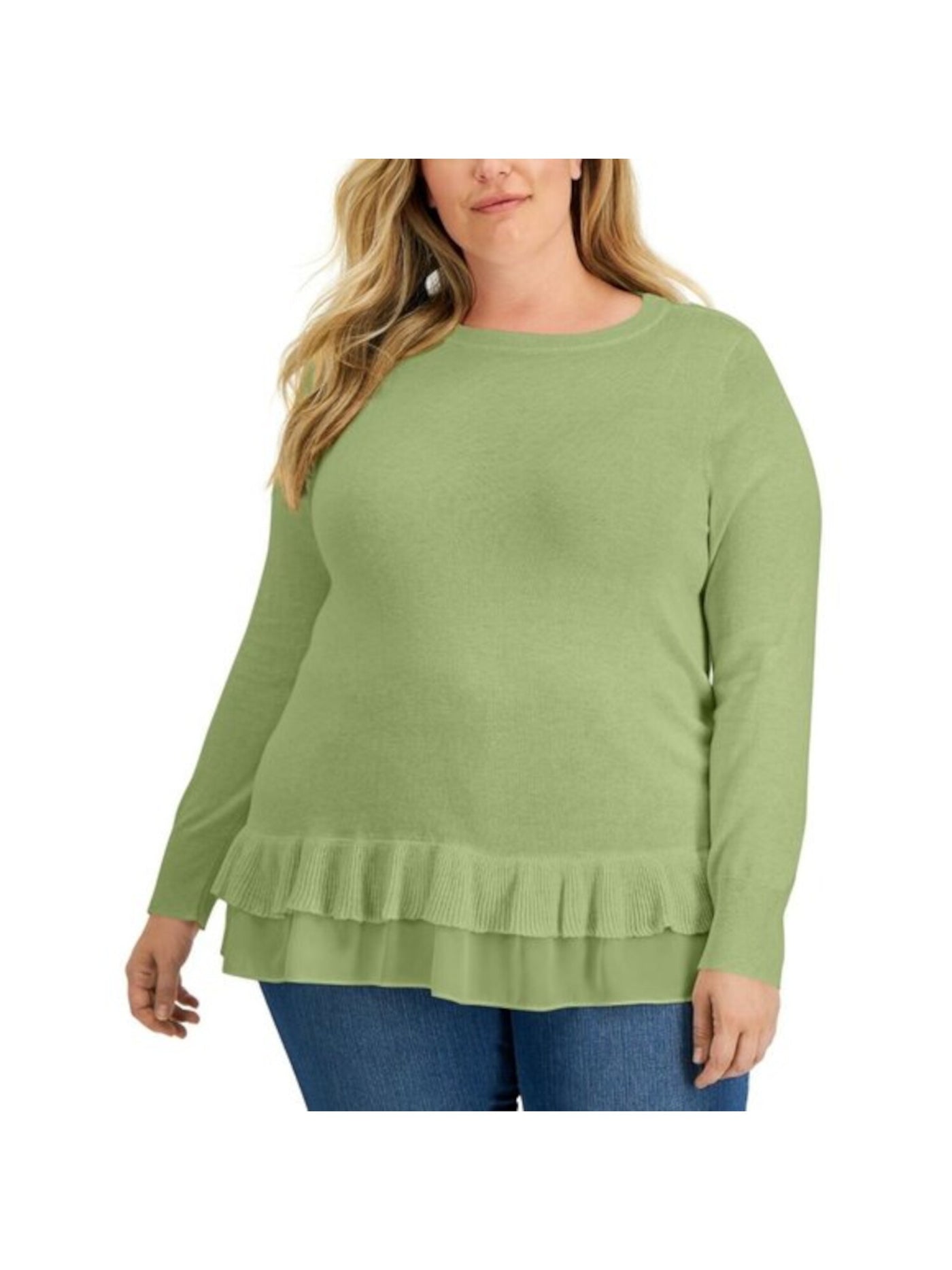 STYLE & COMPANY Womens Green Knit Ribbed Ruffled Chiffon Hem Long Sleeve Crew Neck Tunic Sweater Plus 0X