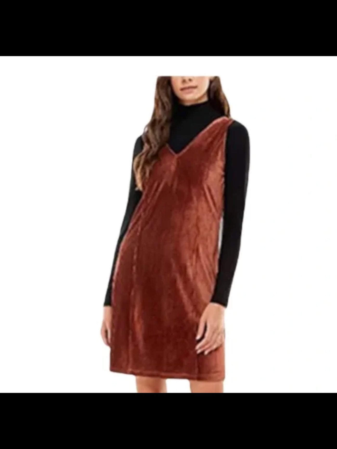 PLANET GOLD Womens Brown Ribbed Zippered Color Block Long Sleeve V Neck Above The Knee Shift Dress Juniors XS