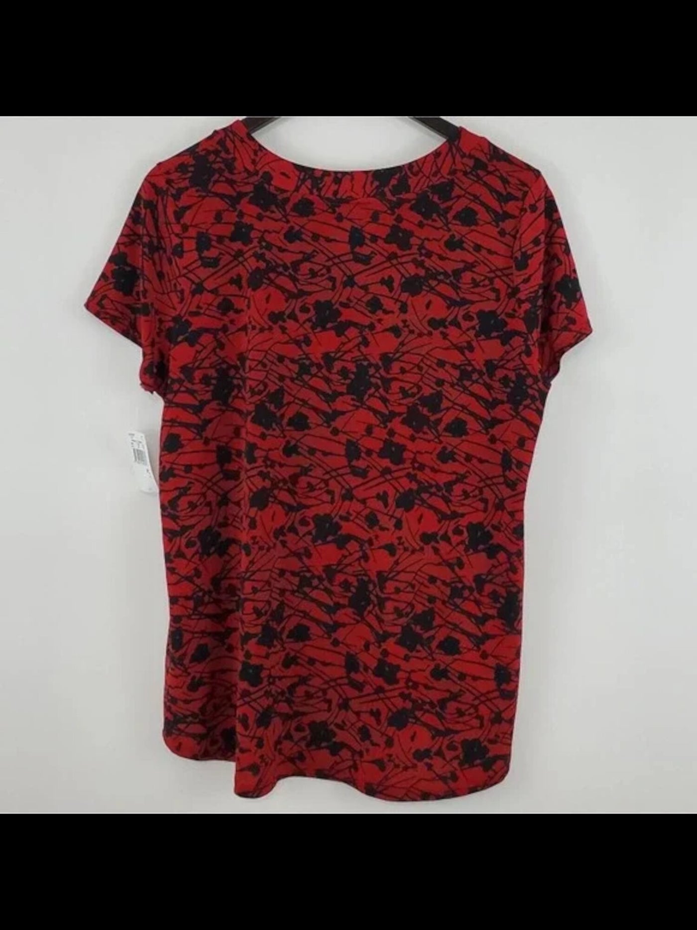Lauren M Womens Red Stretch Printed Short Sleeve Crew Neck Top Petites PXS