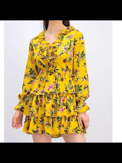 AVEC LES FILLES Womens Yellow Zippered Tie Smocked Ruffled Floral Long Sleeve V Neck Short Party Fit + Flare Dress 4