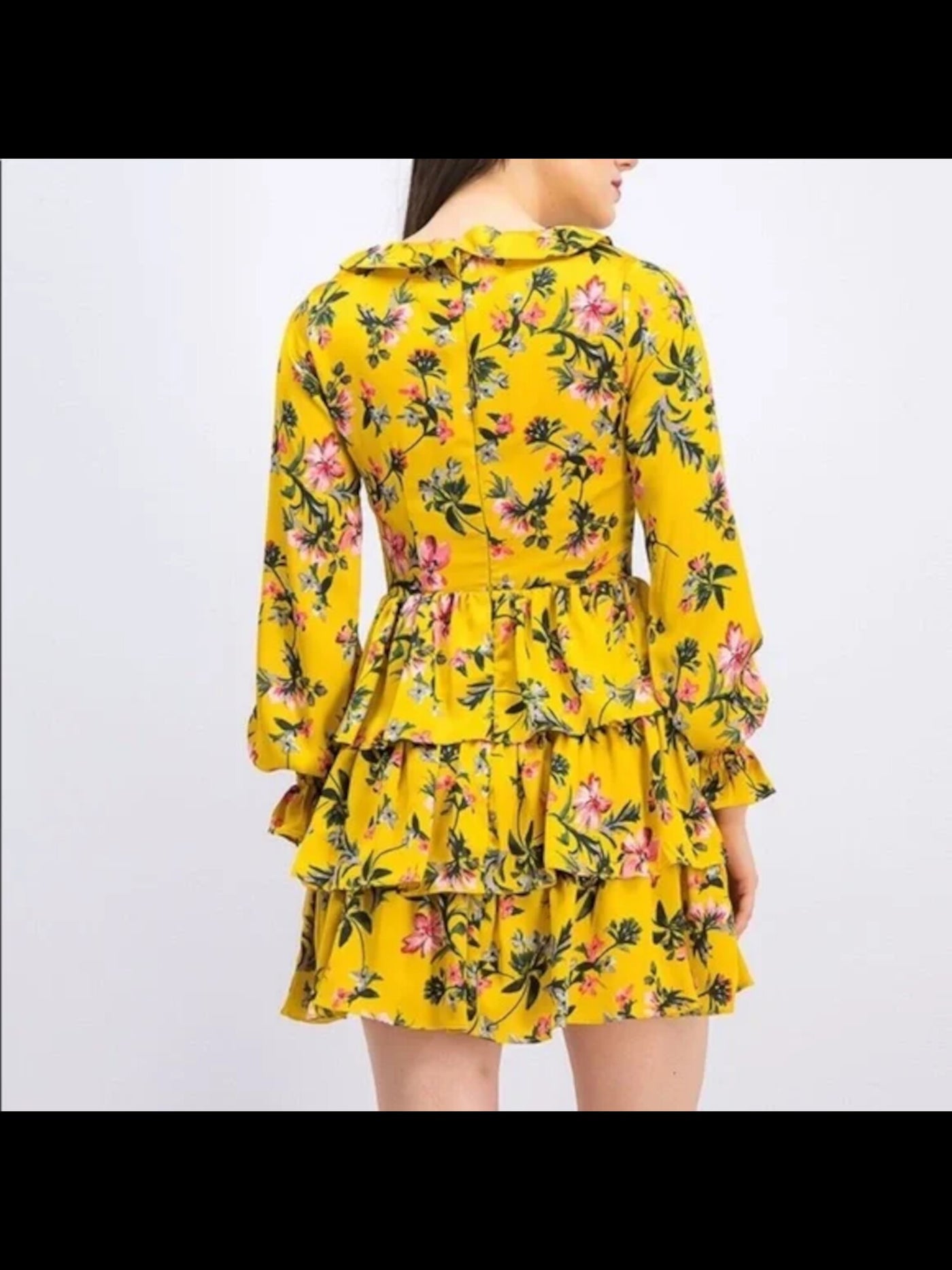 AVEC LES FILLES Womens Yellow Zippered Tie Smocked Ruffled Floral Long Sleeve V Neck Short Party Fit + Flare Dress 4