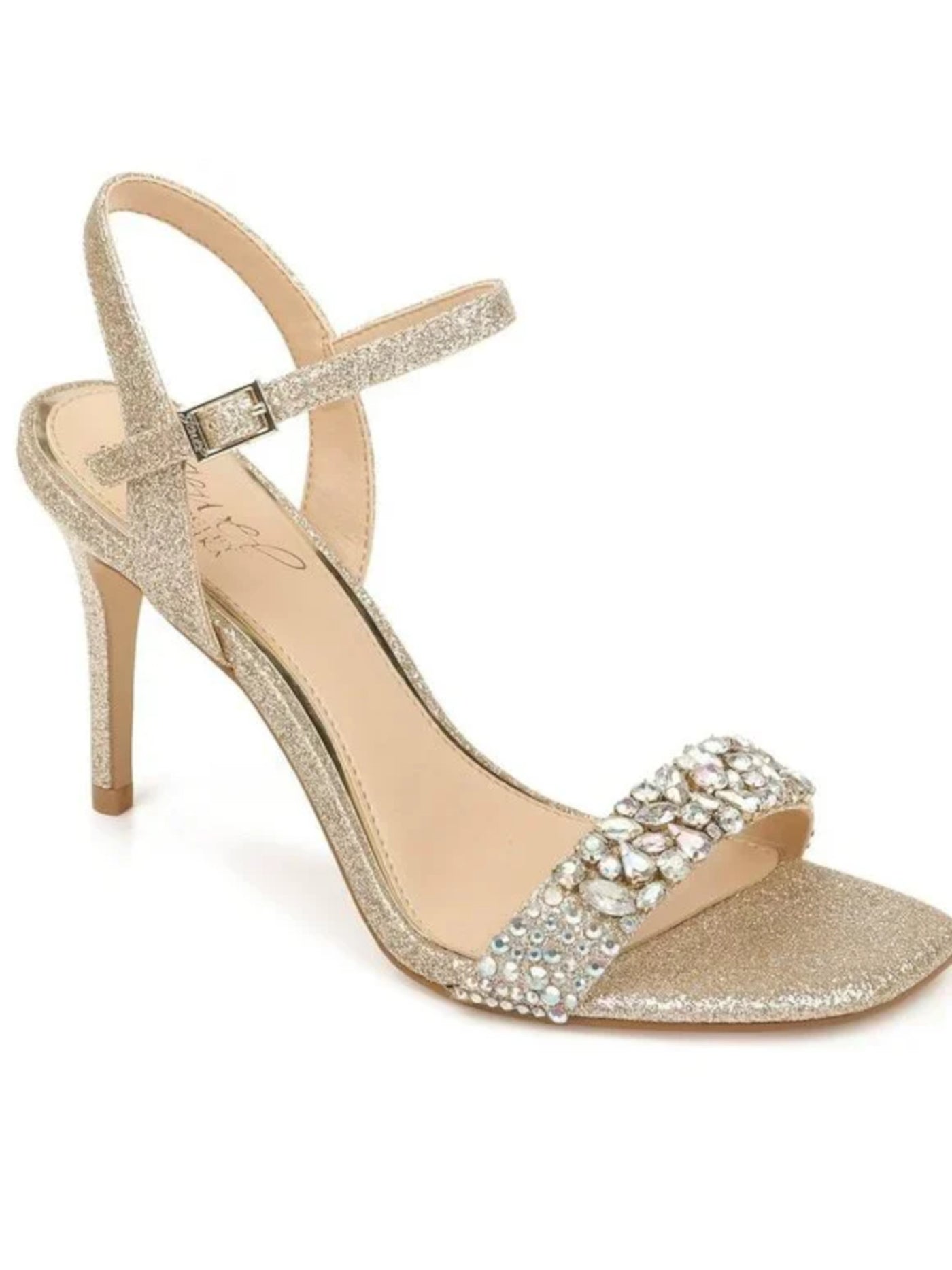 JEWEL BADGLEY MISCHKA Womens Gold Padded Glitter Embellished Ankle Strap Natasha Square Toe Stiletto Buckle Dress Slingback Sandal 9.5 M