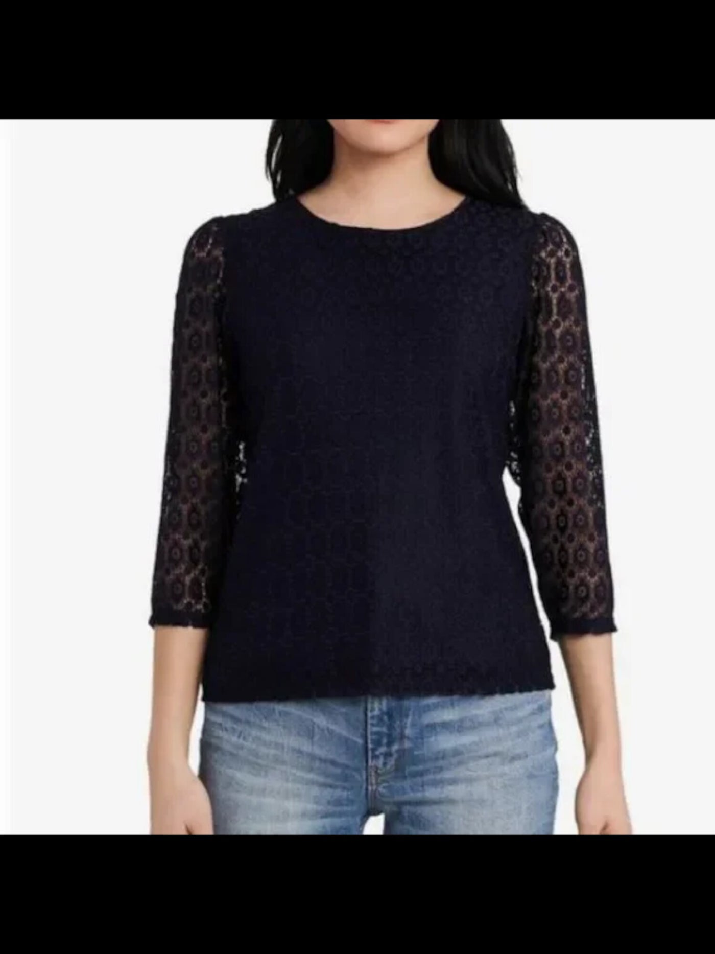 RILEY&RAE Womens Navy Textured Eyelet Keyhole-back 3/4 Sleeve Crew Neck Wear To Work Top M