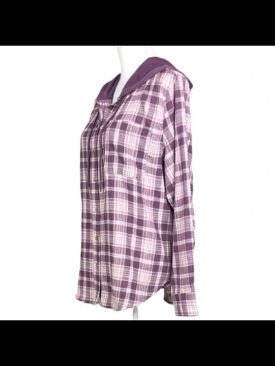 JUST POLLY Womens Purple Tie Pocketed Curved Hem Plaid Cuffed Sleeve Button Up Top Juniors XS