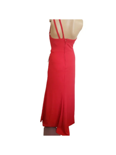 B DARLIN Womens Red Slitted Zippered Sleeveless Asymmetrical Neckline Maxi Party Sheath Dress Juniors 9\10