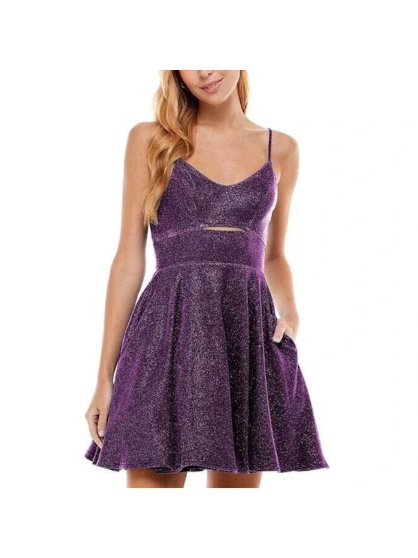 CITY STUDIO Womens Purple Metallic Zippered Lined Cut Out Spaghetti Strap Scoop Neck Short Party Fit + Flare Dress Juniors 9