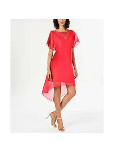 ADRIANNA PAPELL Womens Red Sheer Overlay V Twist Back Lined Flutter Sleeve Illusion Neckline Midi Wear To Work Sheath Dress M