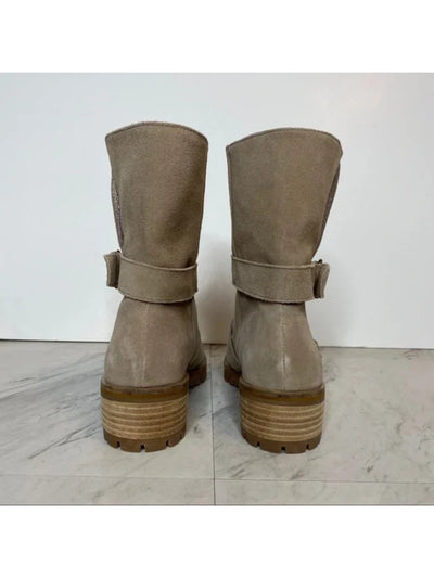 SPLENDID Womens Beige Buckle Accent Lug Sole Karlyn Round Toe Block Heel Leather Heeled Boots 9