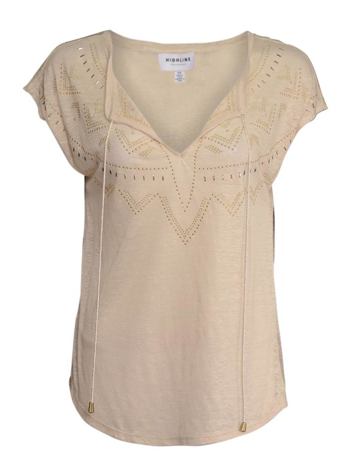 HIGHLINE COLLECTIVE Womens Beige Short Sleeve V Neck Below The Knee Shift Top XS