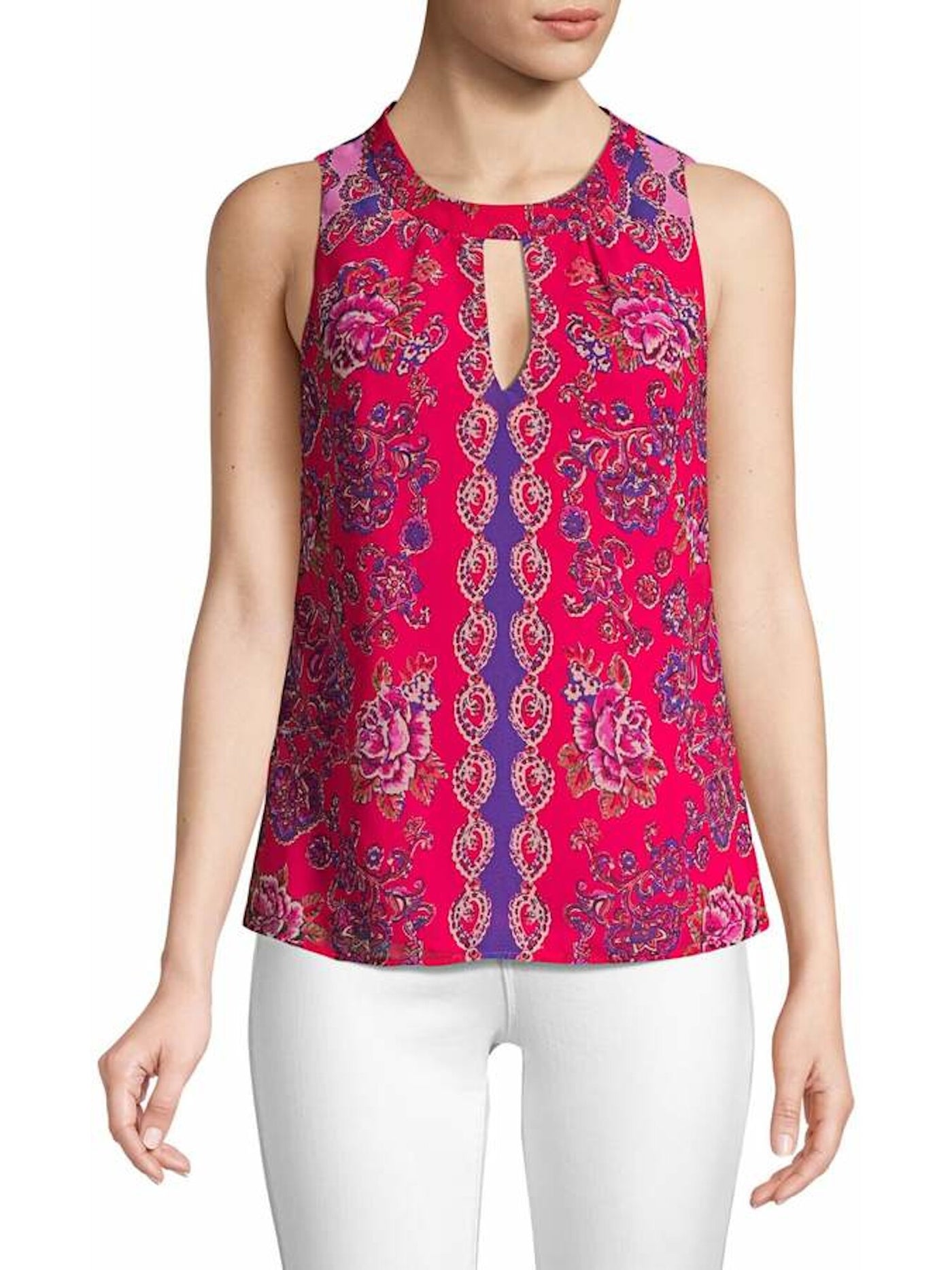 NANETTE LEPORE Womens Red Printed Sleeveless Keyhole Top M