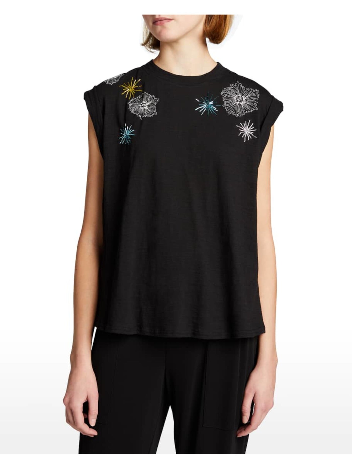 CINQ A SEPT Womens Black Embroidered Floral Sleeveless Crew Neck T-Shirt XS