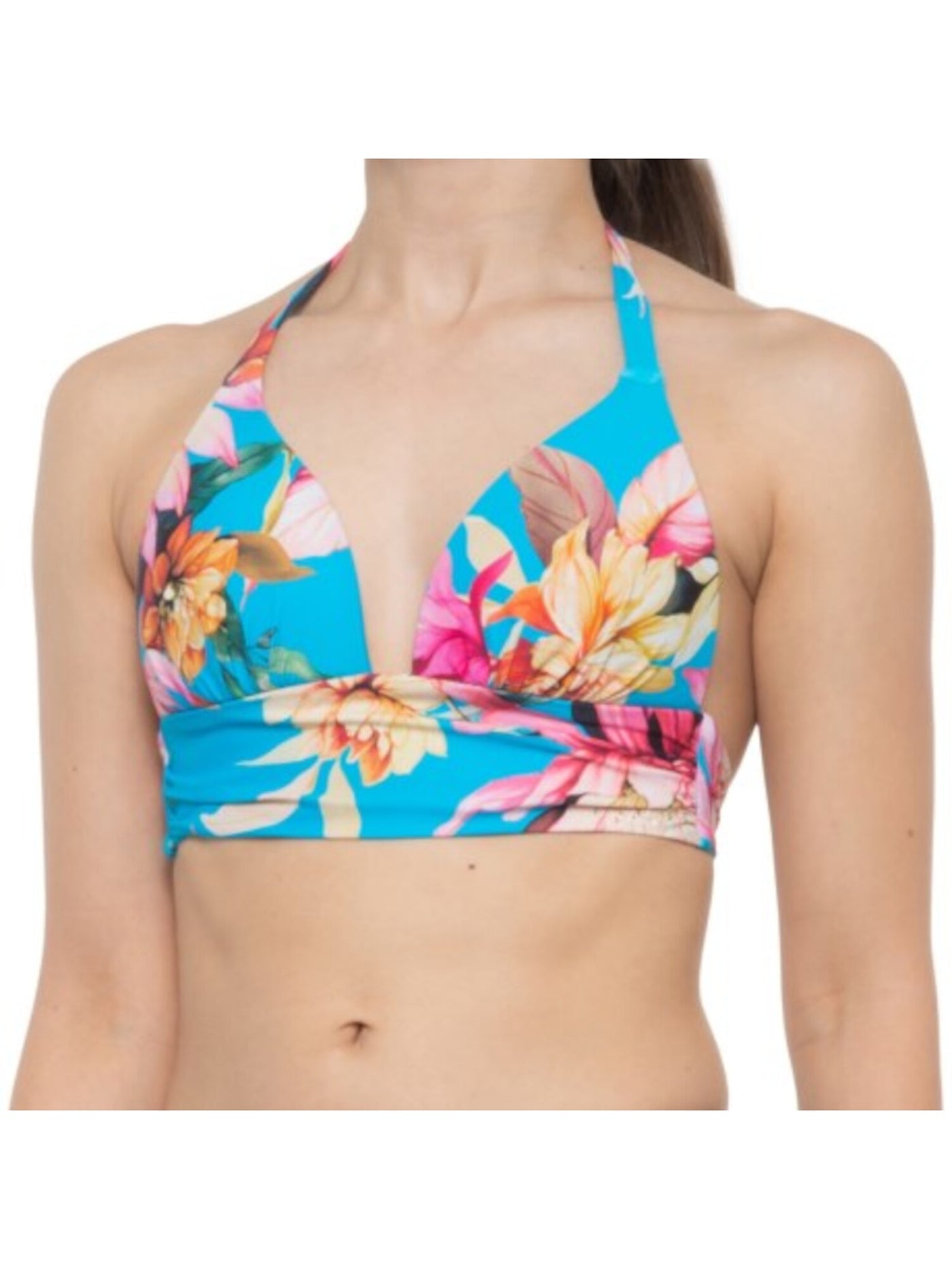 LA BLANCA Women's Blue Tropical Print Shirring Tie Sweetheart Molded Cup Halter Swimsuit Top 2