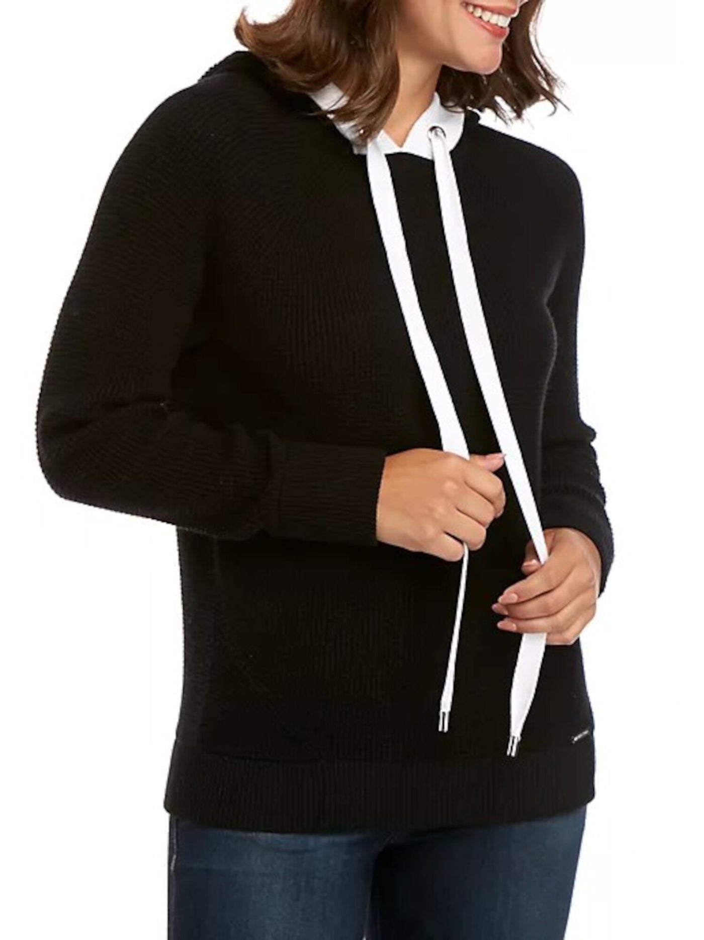 MICHAEL KORS Womens Black Waffle-knit Drawstring Long Sleeve Hoodie Sweater XS