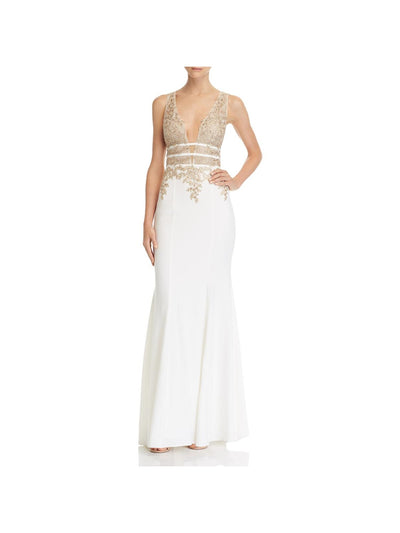 AQUA DRESSES Womens White Zippered Metallic Plunging Rhinestone Padded Floral Sleeveless V Neck Full-Length Evening Gown Dress 0