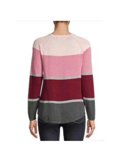 KAREN SCOTT Womens Pink Cotton Curved-hem Color Block Long Sleeve Crew Neck Sweater S