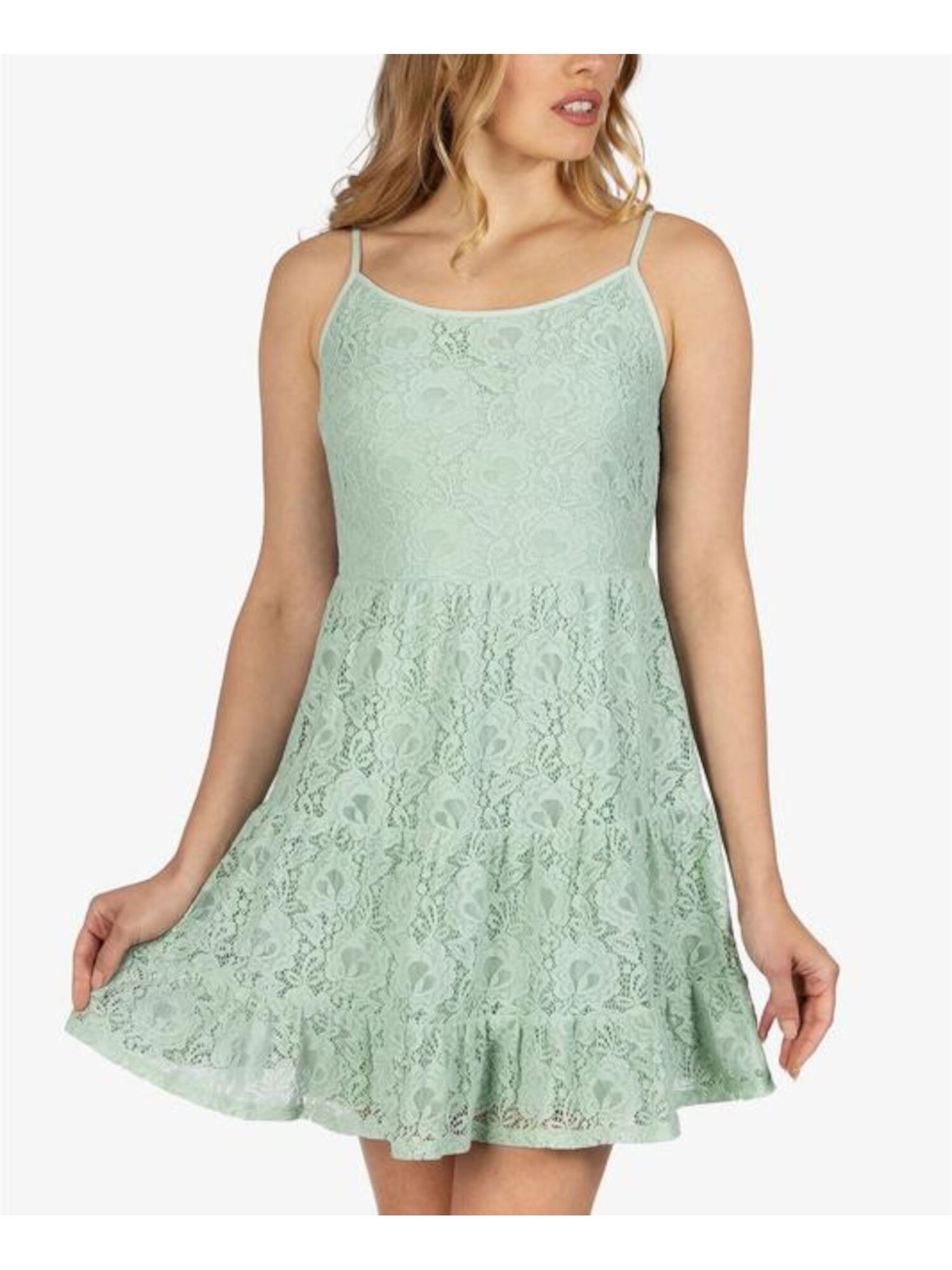 SPEECHLESS Womens Green Stretch Lace Tiered Floral Spaghetti Strap Scoop Neck Short Baby Doll Dress Juniors XL