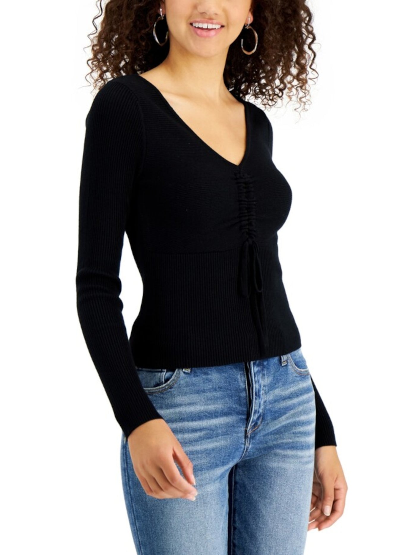 SUGAR MOON Womens Black Knit Fitted Ribbed Cinched Tie Long Sleeve V Neck Sweater Juniors S