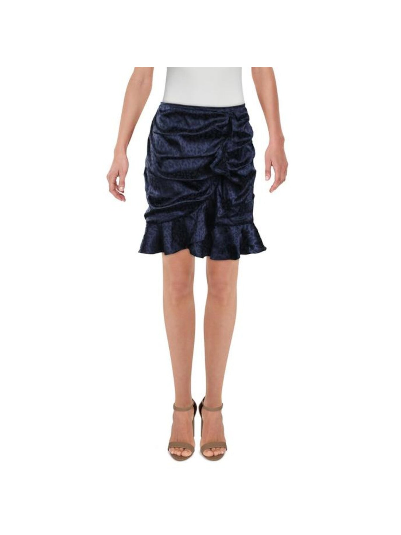 AQUA Womens Navy Ruched Animal Print Short Ruffled Skirt Size: L