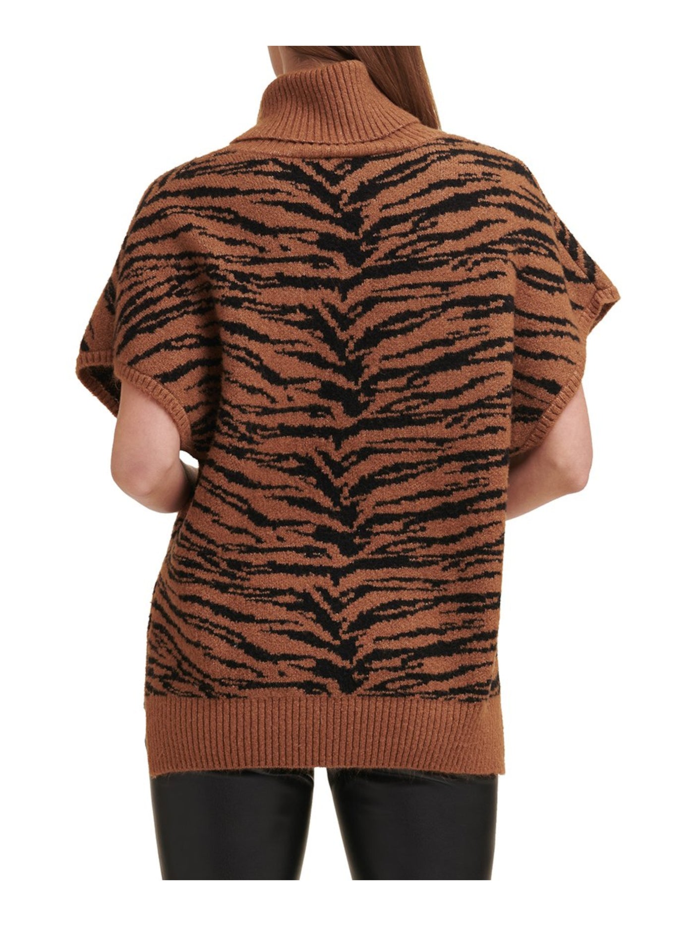DKNY Womens Brown Knit Ribbed Slitted Animal Print Short Sleeve Turtle Neck Sweater XS\S