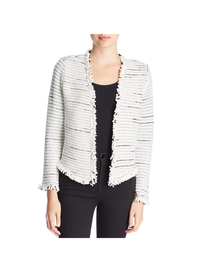 NIC+ZOE Womens Gray Fringed Textured Open Front Shoulder Pads Long Sleeve Wear To Work Bolero Jacket Petites PP
