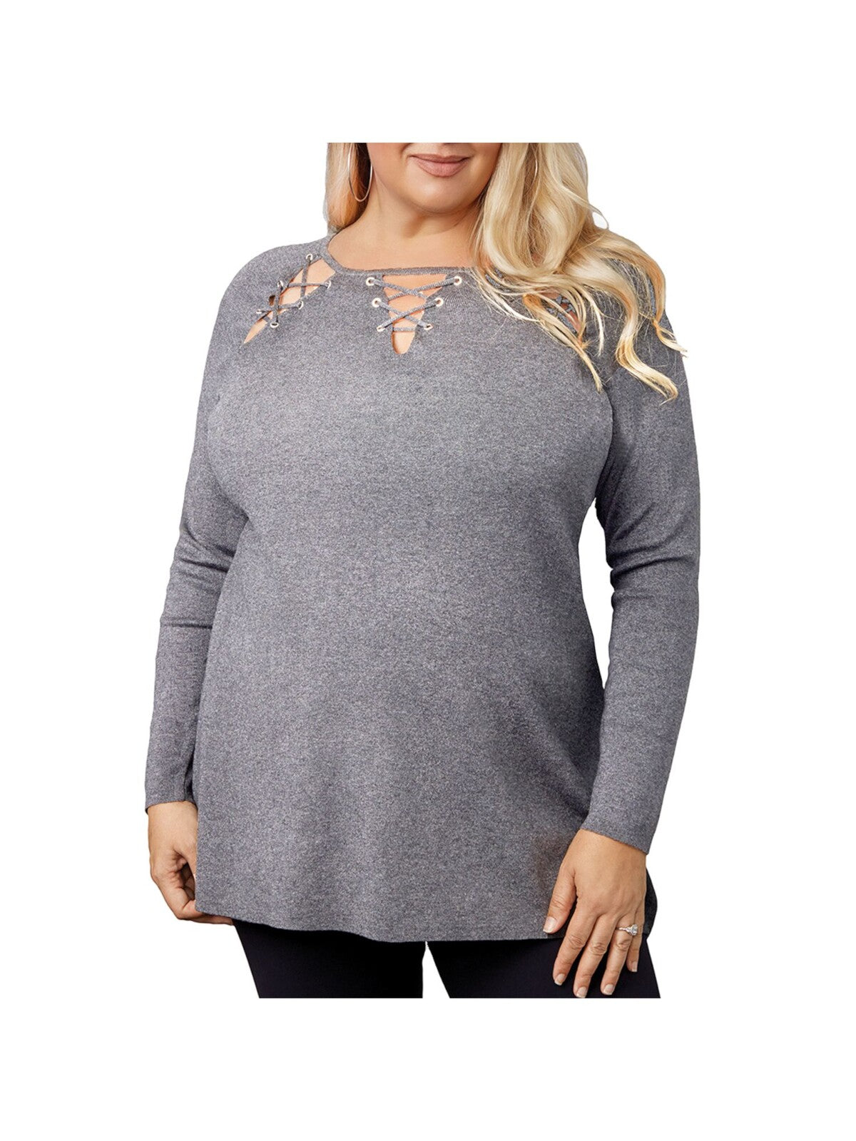 BELLDINI Womens Gray Stretch Ribbed Lace Up Cut Outs Long Sleeve Round Neck Wear To Work Sweater Plus 2X
