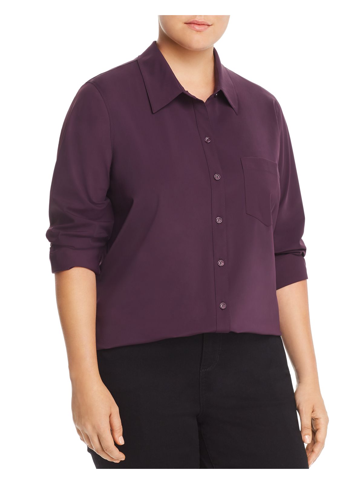 LYSSE Womens Purple Stretch Pocketed Back Pleat Cuffed Sleeve Collared Wear To Work Button Up Top Plus 3X