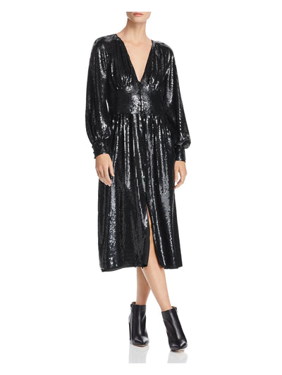 JOIE Womens Black Sequined Slitted Raglan V Neck Tea-Length Evening Shift Dress 0
