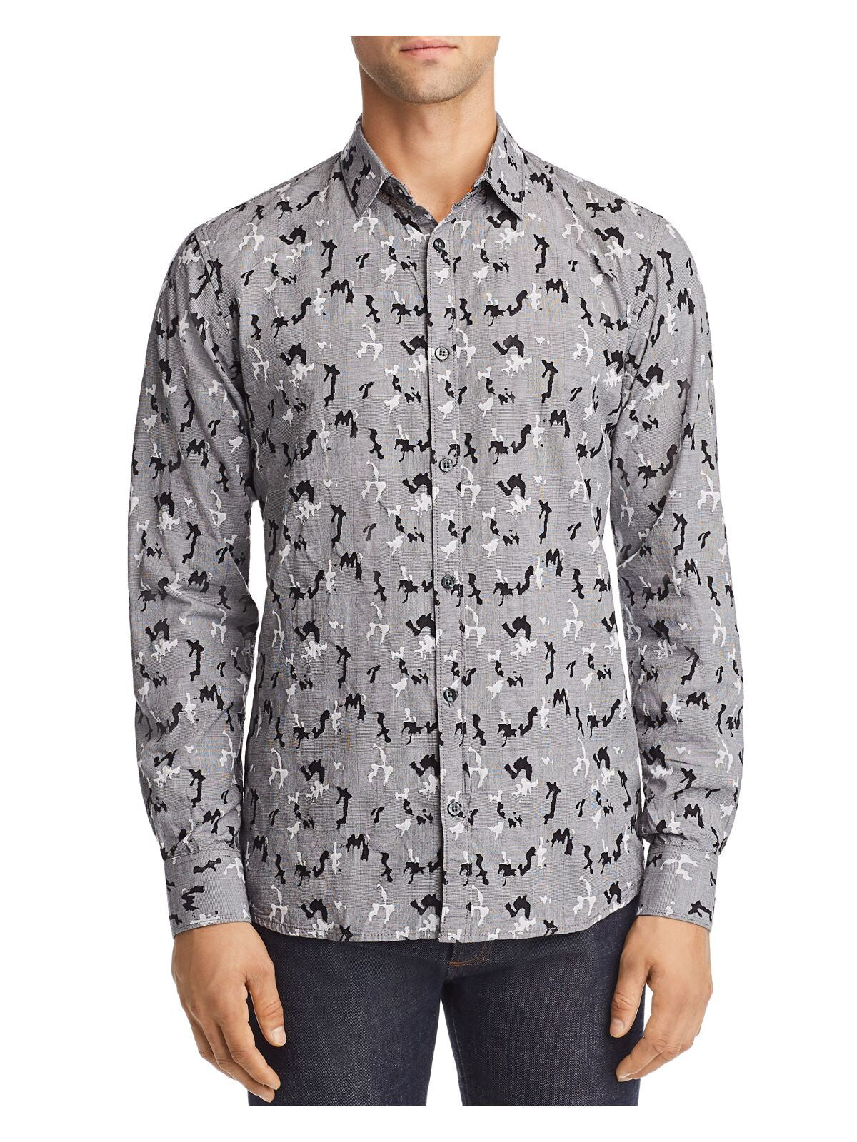 Noize Mens Black Camouflage Collared Button Down Shirt L