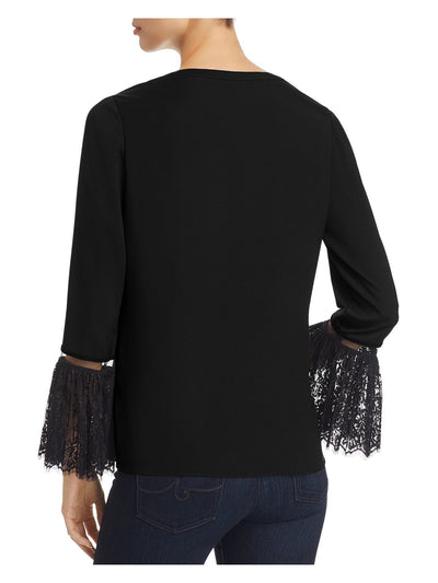 LE GALI Womens Black Lace Trim Bell Sleeve Henley Blouse XS