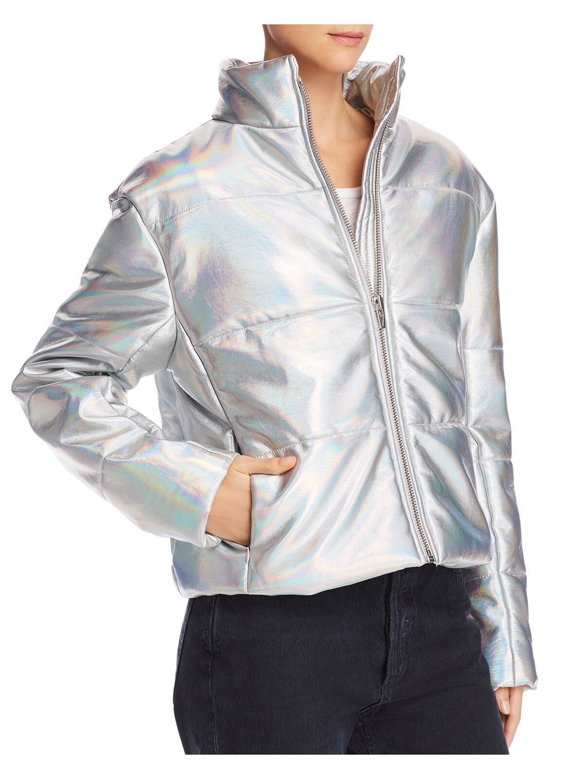 VEDA Womens Silver High Neck Puffer Jacket Size: M