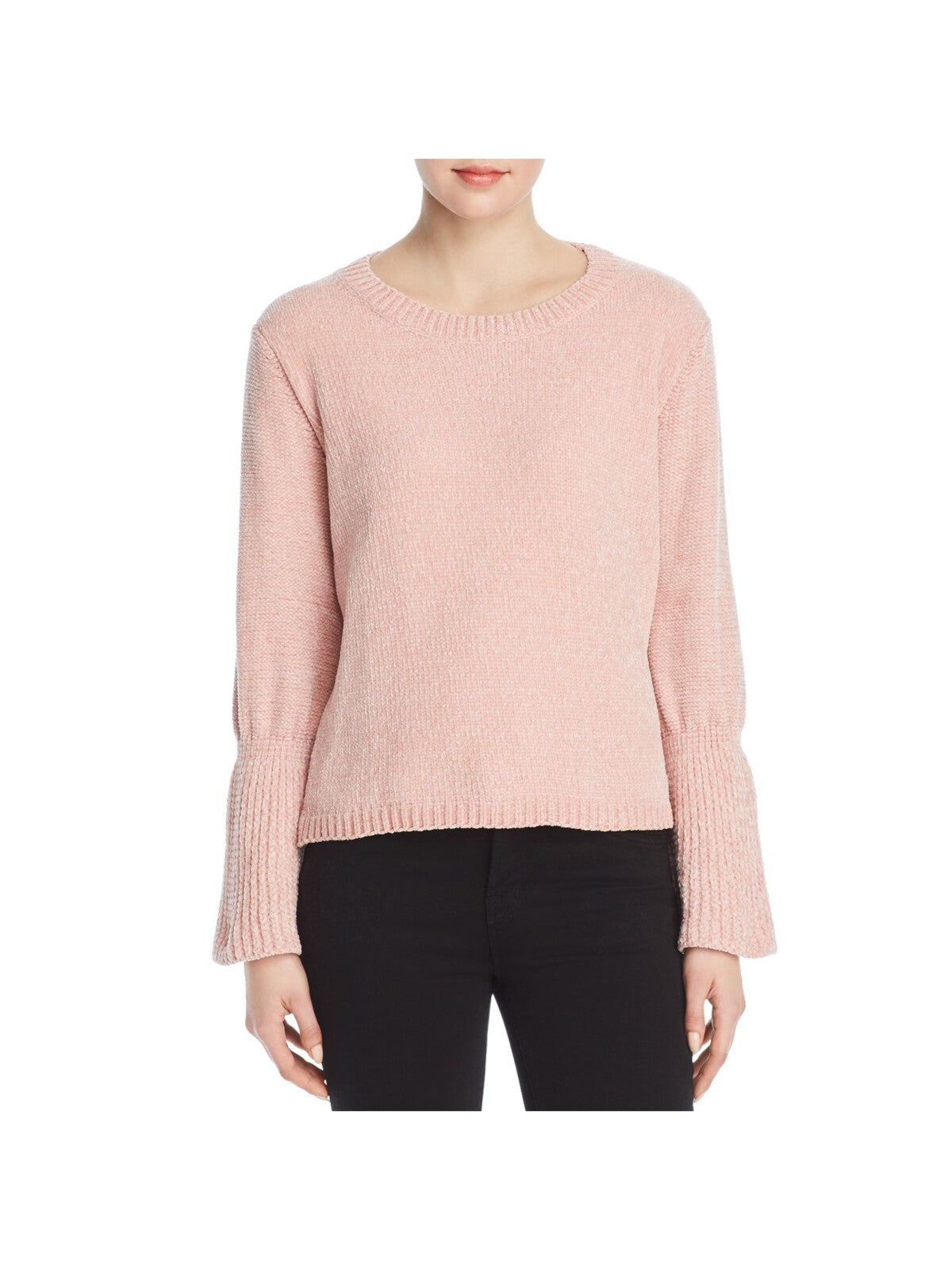 ELAN Womens Pink Ribbed Chenille Bell Sleeve Crew Neck Sweater M