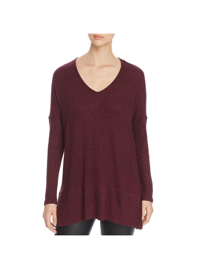 CUPIO BLUSH Womens Burgundy Stretch Ribbed Slitted Long Sleeve V Neck Wear To Work Sweater S
