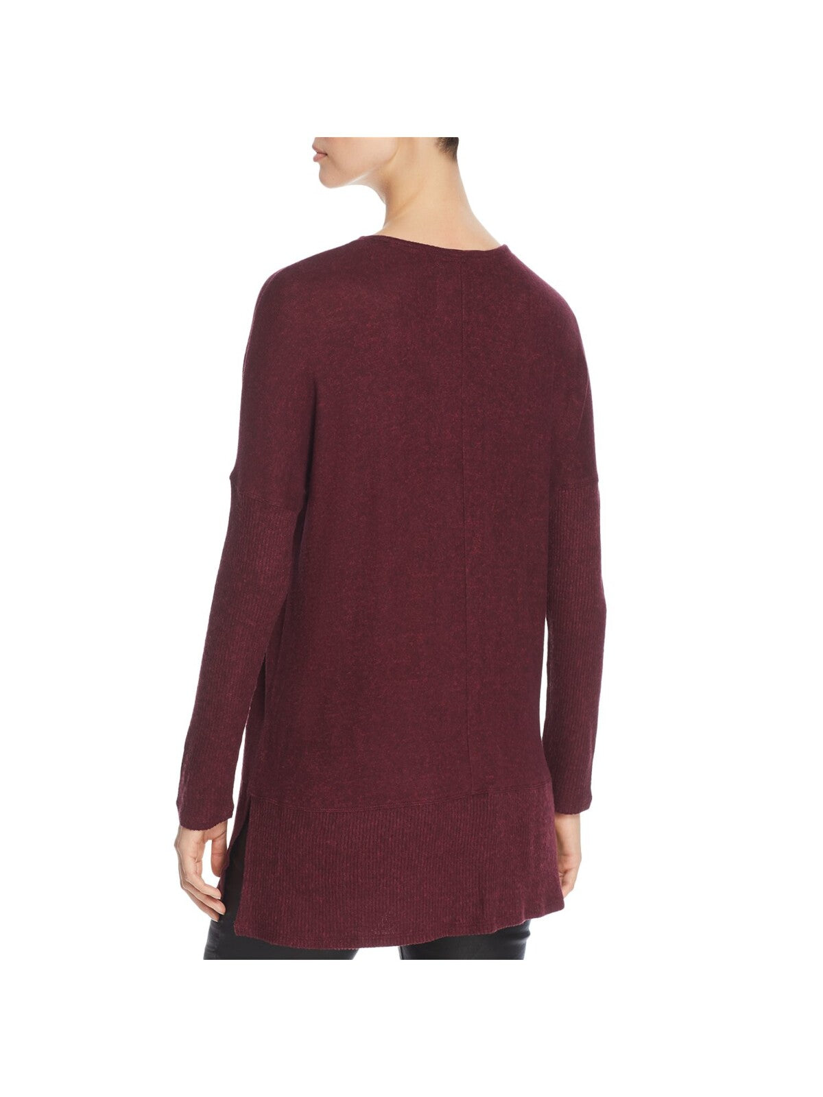 CUPIO BLUSH Womens Burgundy Stretch Ribbed Slitted Long Sleeve V Neck Wear To Work Sweater S