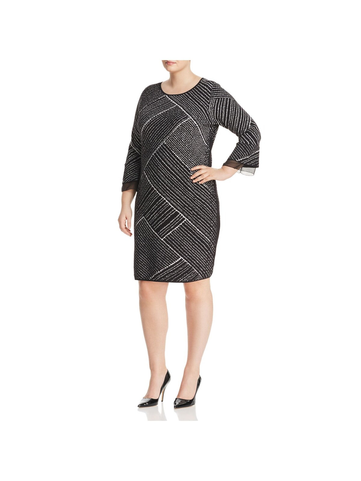 NIC+ZOE Womens Black Printed Bell Sleeve Boat Neck Knee Length Wear To Work Sweater Dress Plus 3X