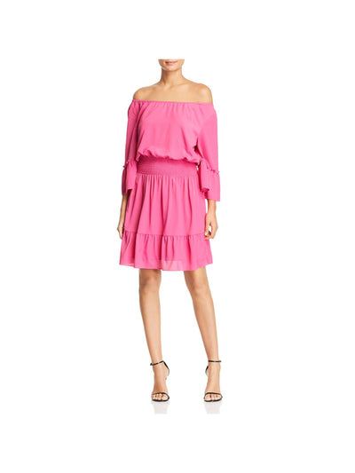 LE GALI Womens Pink Stretch Ruffled Shirred Waist Bell Sleeve Off Shoulder Short Evening Sheath Dress S