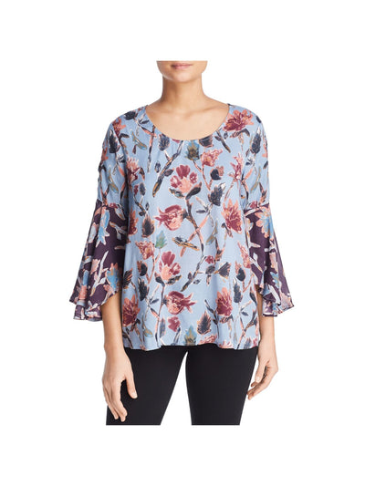 FEATHERS Womens Light Blue Floral Long Sleeve Round Neck Tunic Top S