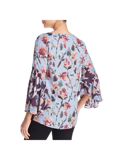 FEATHERS Womens Light Blue Floral Long Sleeve Round Neck Tunic Top S