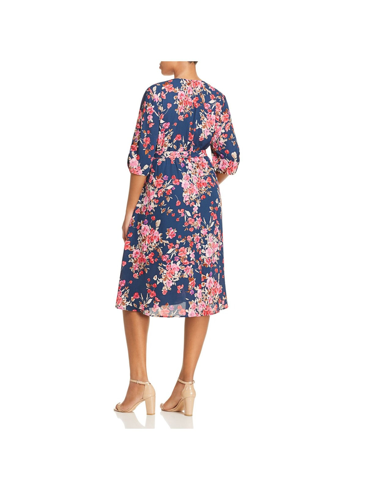 B COLLECTION Womens Navy Belted Ruched Floral Elbow Sleeve Surplice Neckline Below The Knee Wear To Work Faux Wrap Dress Plus 3X