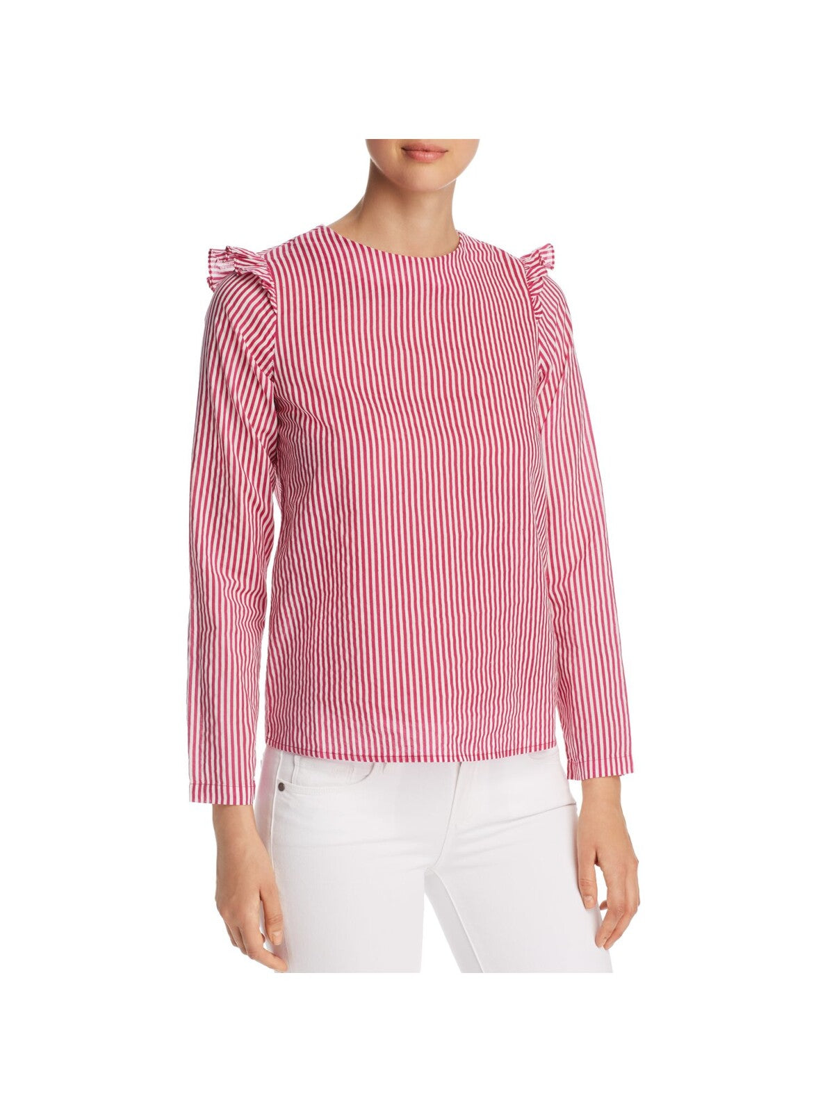 VERO MODA Womens Pink Ruffled Tie Back Cut Out Striped Long Sleeve Crew Neck Wear To Work Top M