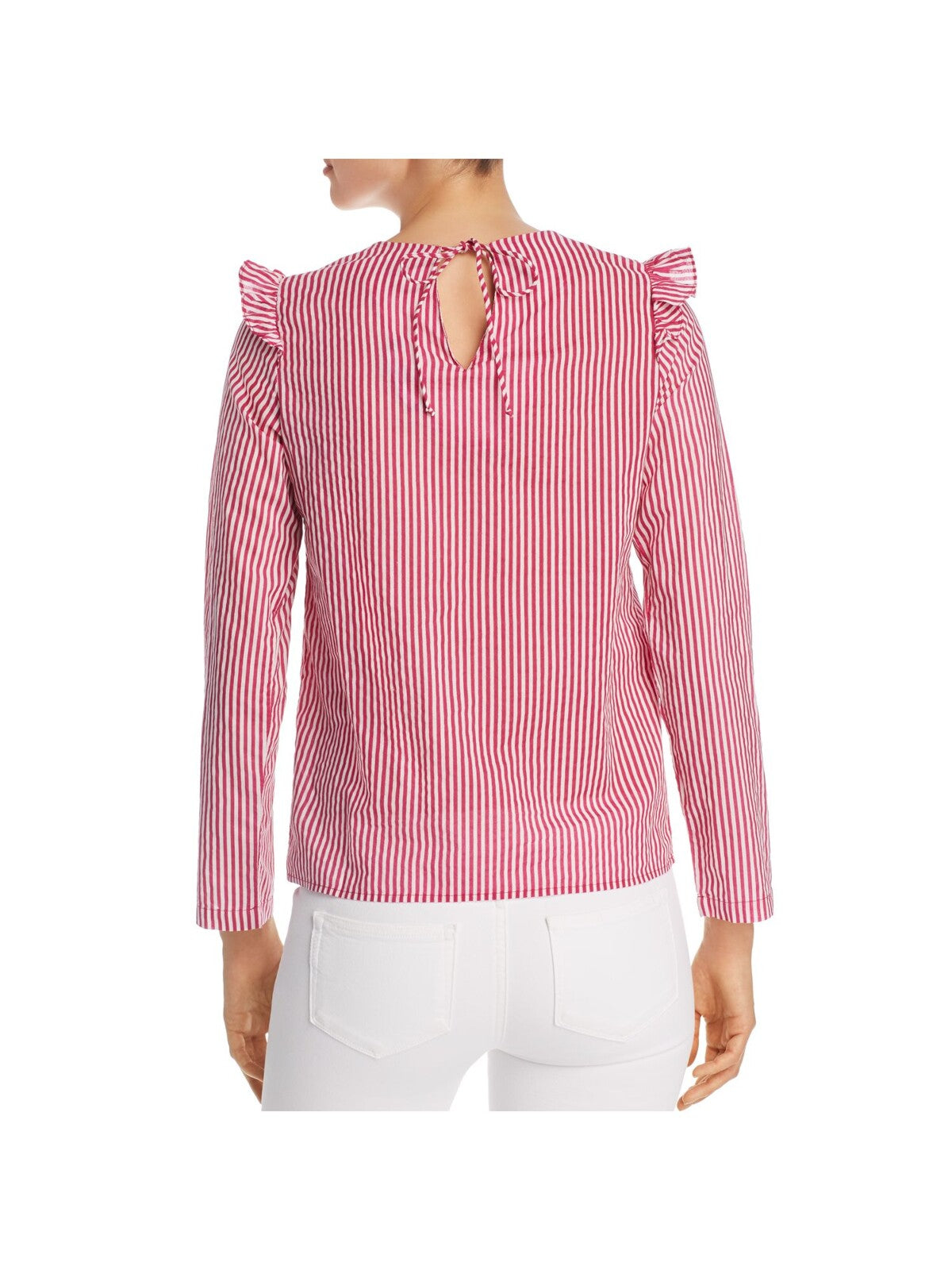 VERO MODA Womens Pink Ruffled Tie Back Cut Out Striped Long Sleeve Crew Neck Wear To Work Top M