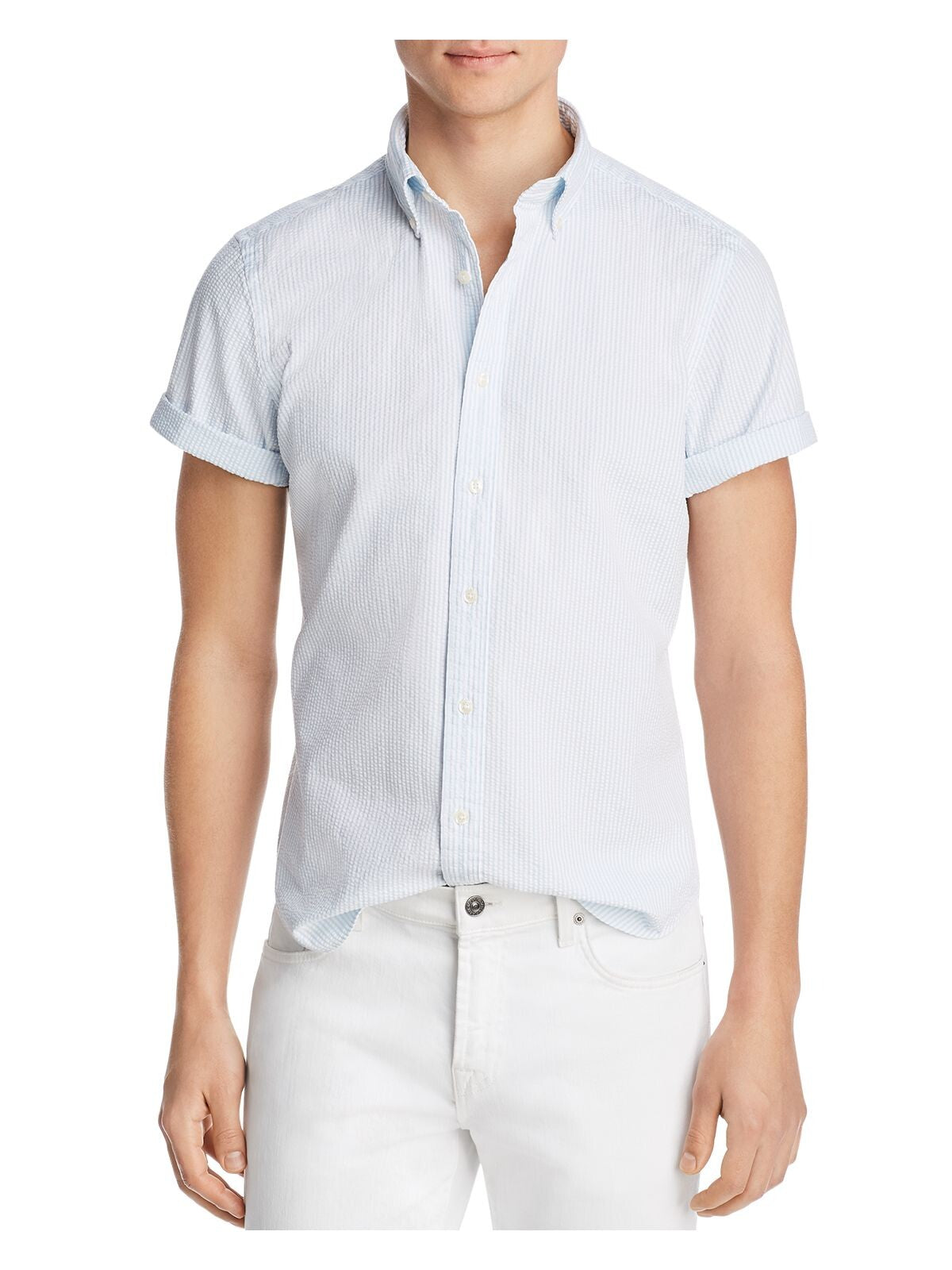 The Mens store Mens Light Blue Pinstripe Slim Fit Button Down Casual Shirt XL