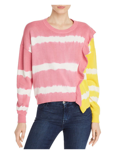 PARKER Womens Pink Ruffled Color Block Long Sleeve Scoop Neck Top S