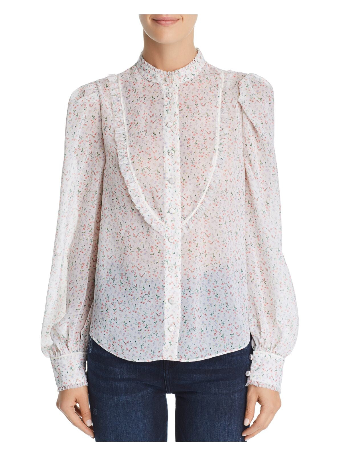 DIVINE HERITAGE Womens White Floral Long Sleeve Button Up Top Size: L