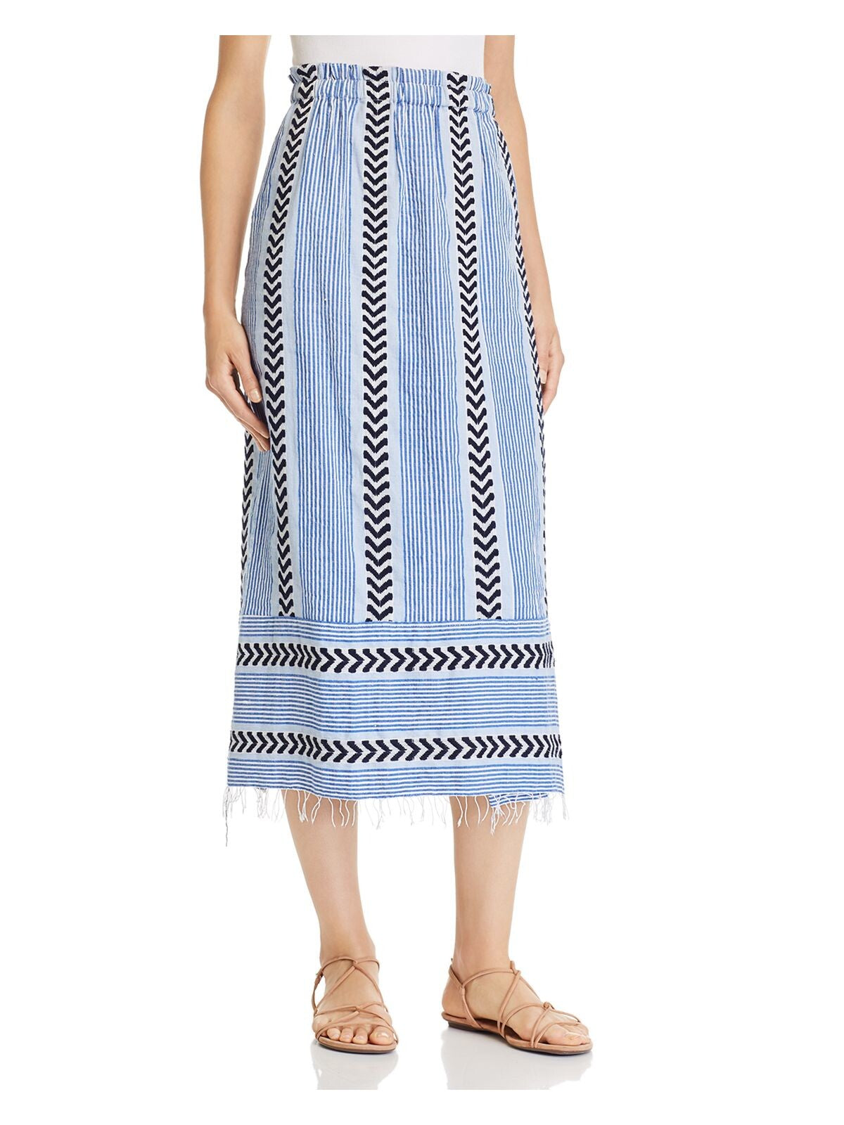 LEMLEM Womens Blue Fringed Striped Tea-Length Wrap Skirt Size: S