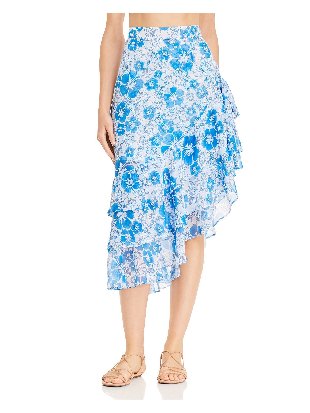 Mochi Womens Blue Ruffled Asymmetrical Floral Midi Layered Skirt Size: L