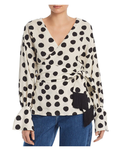 mother of pearl Womens White Belted Polka Dot Long Sleeve V Neck Faux Wrap Top 0