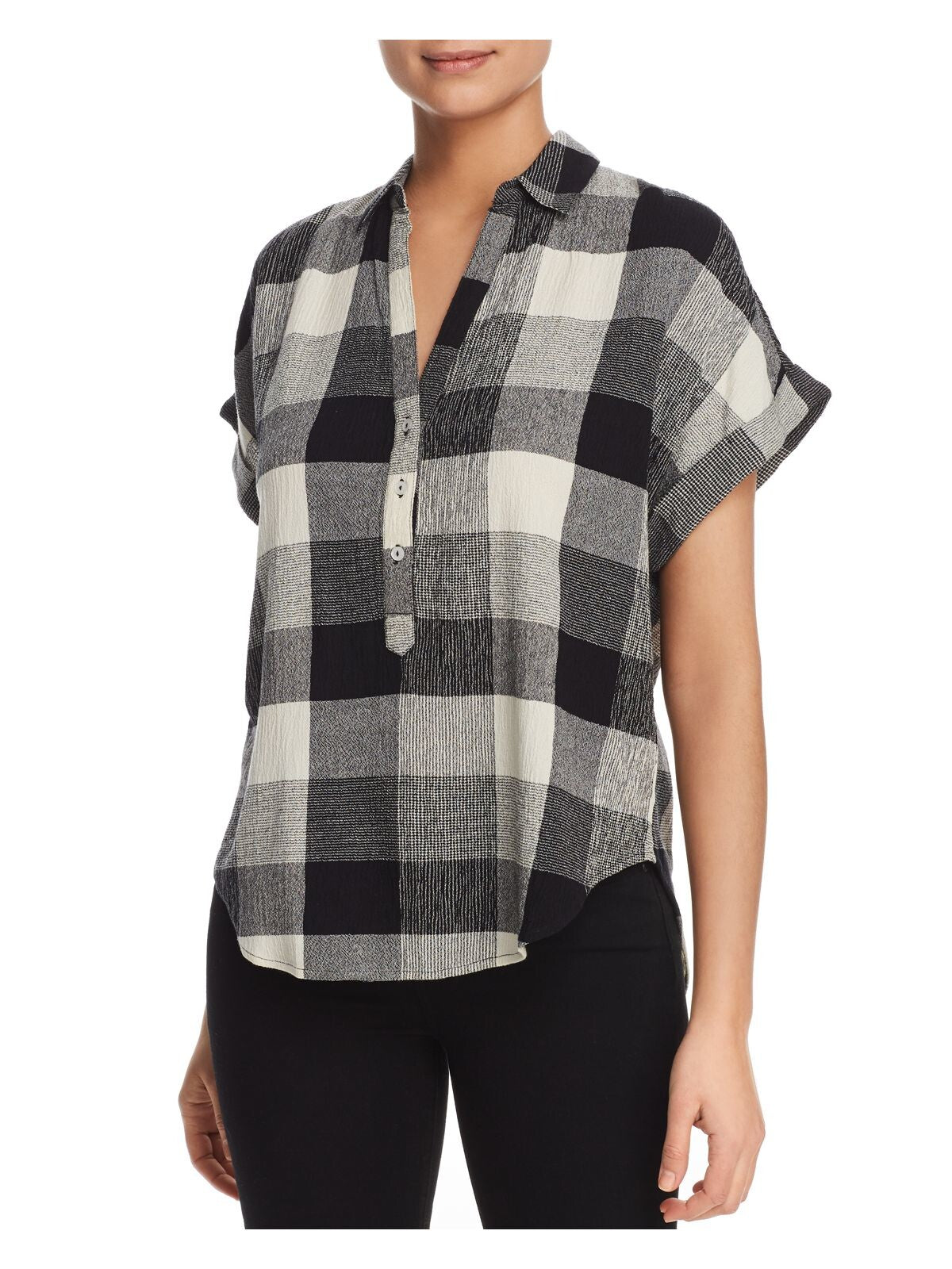 FINN & GRACE Womens Black Textured Curved Hem Pullover Styling Plaid Short Sleeve Collared Top S