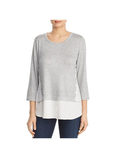 STATUS BY CHENAULT Womens Gray 3/4 Sleeve Jewel Neck Top S