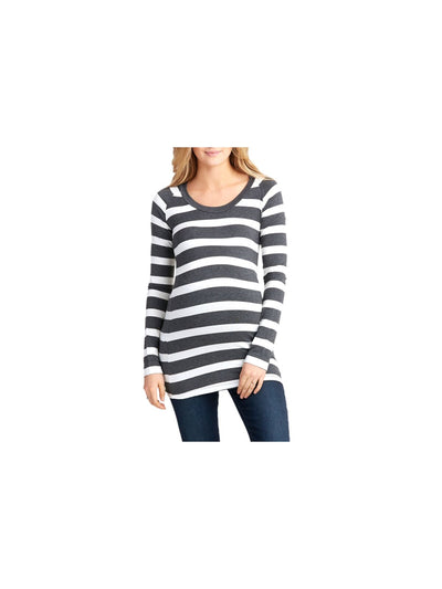 NOM Womens Gray Stretch Striped Long Sleeve Round Neck Top Maternity L